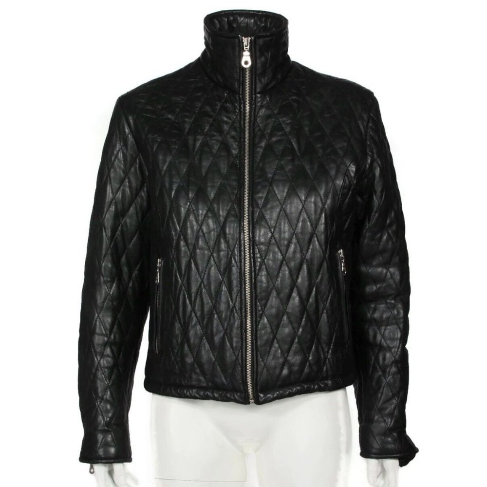 Vintage 80's LEON Quilted Black Leather Motorcycle Zip Jacket Womens sz M /797